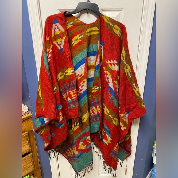 Merona Red Blue Teal Aztec Women's Scarf Wrap Shawl w/ Fringe Oversized - Picture 1 of 6